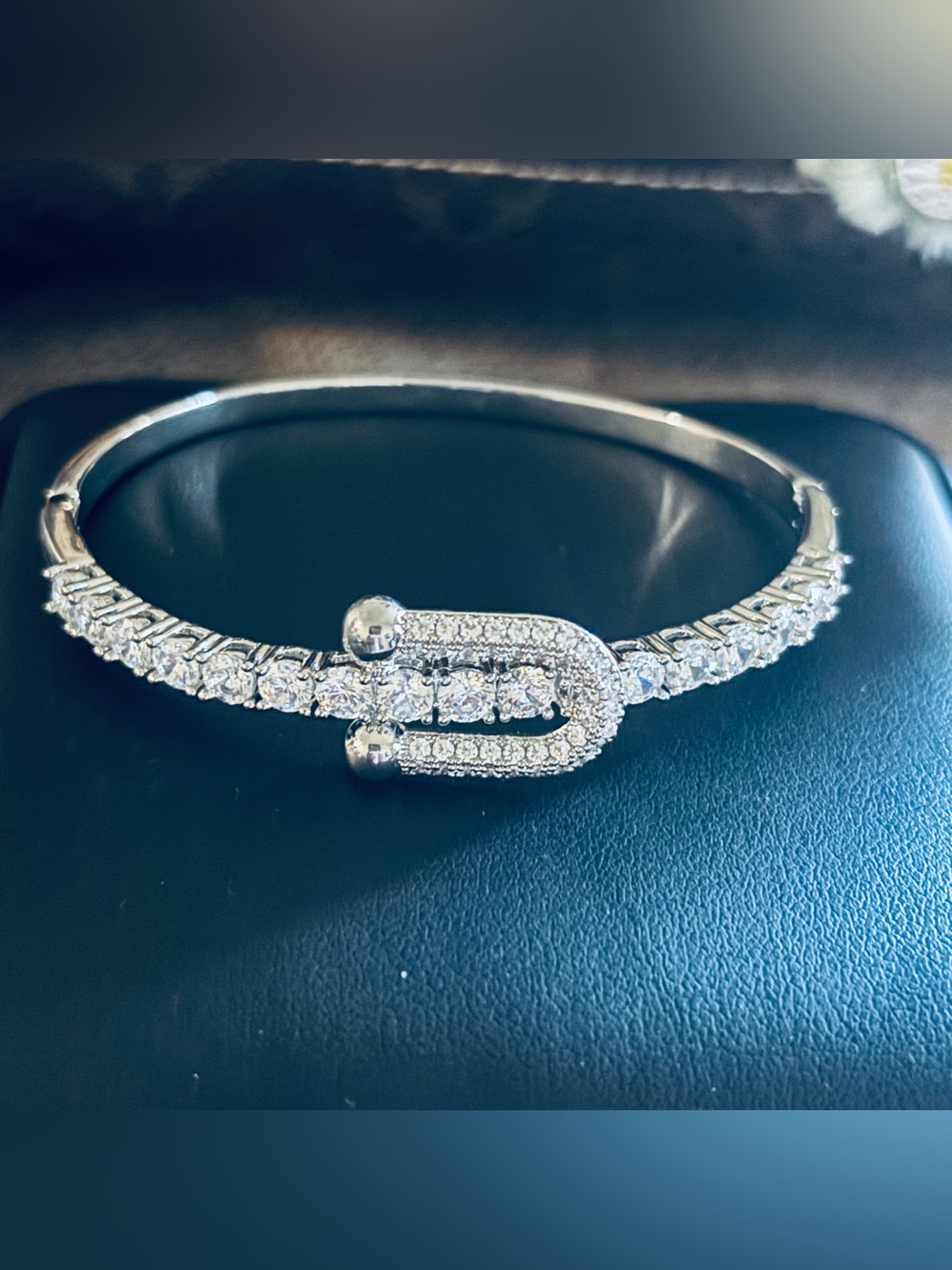 Crystal Pave Horseshoe Bangle Bracelet in Silver-2.5” opening